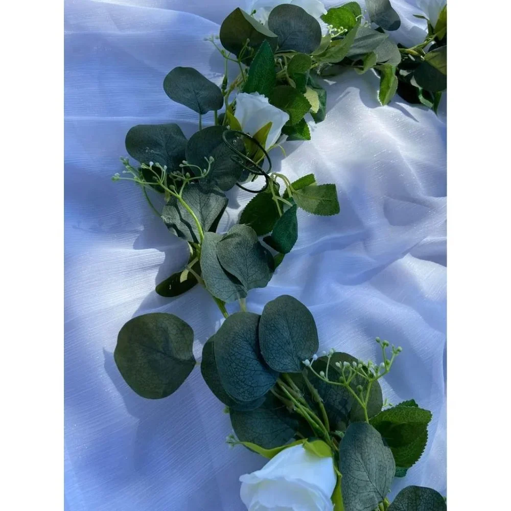 6.5 foot White Rose Eucalyptus Garland with Seeded flowers Wedding Vines